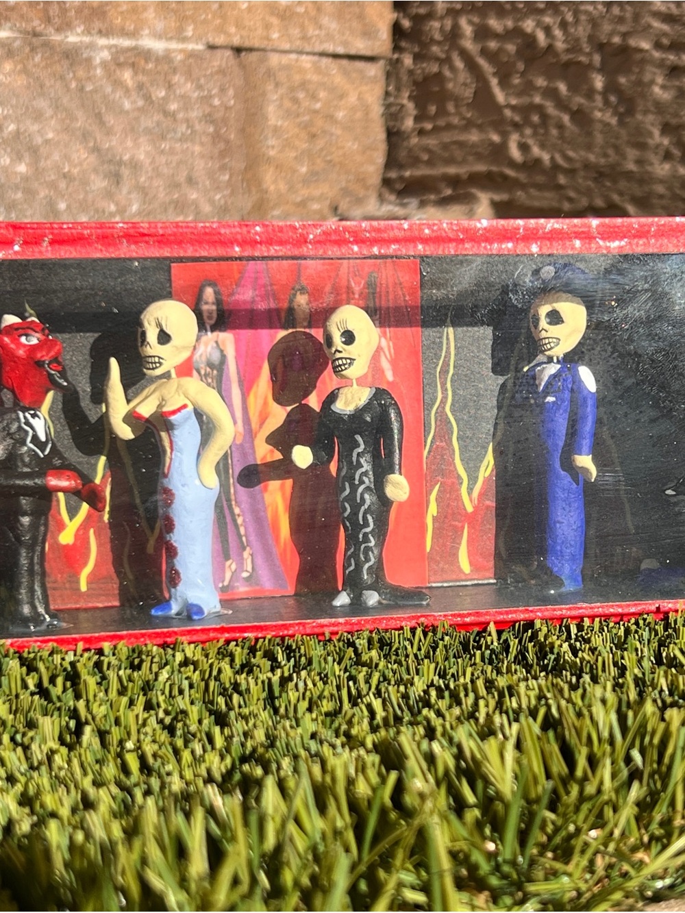 Handmade Day of the Dead Skeleton Figurine Set in Red, Black, Blue, White